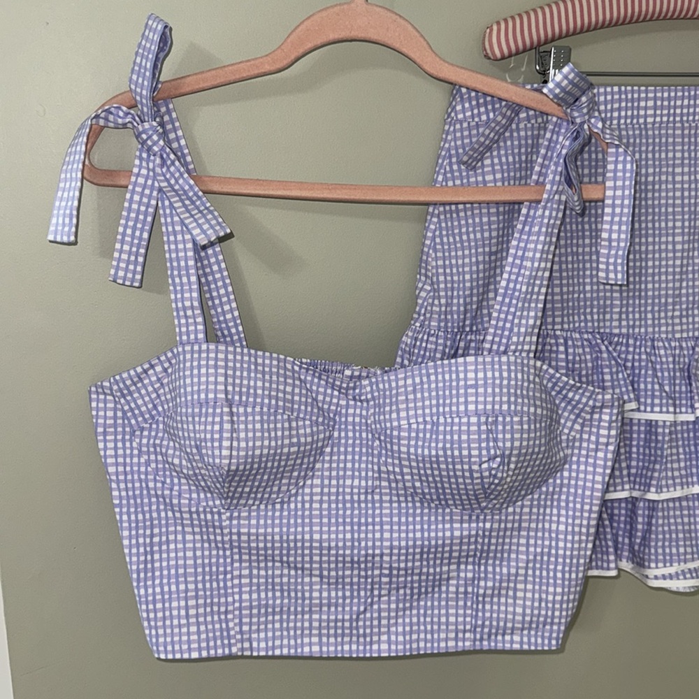 Blue Gingham Crop Top with bows and Skirt Set - Picture 2 of 6